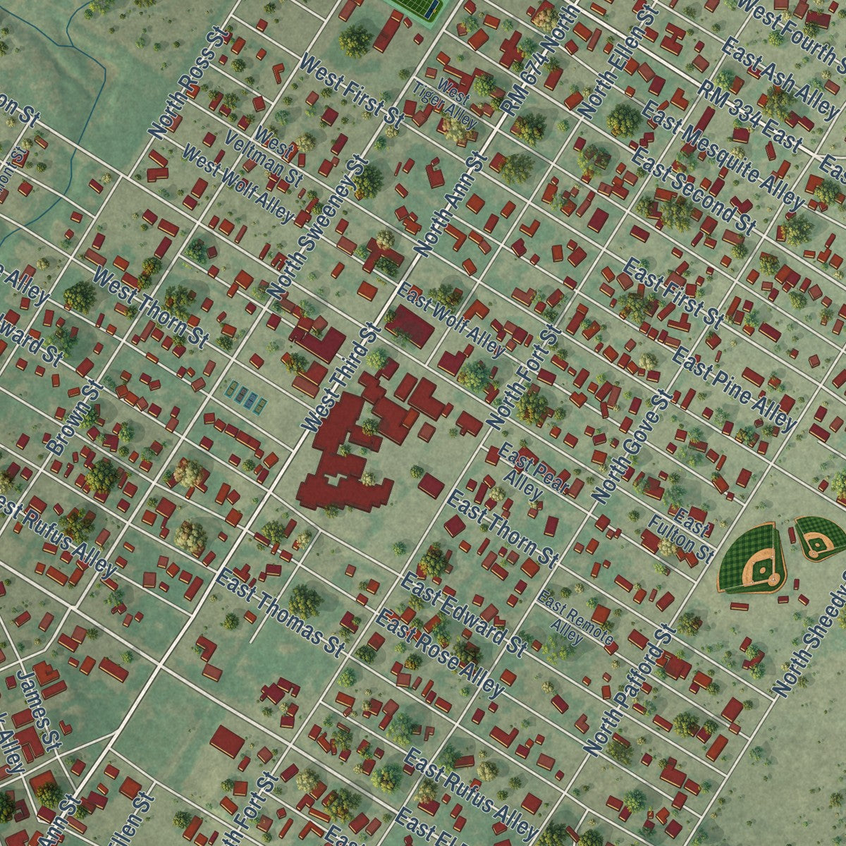Close-up of the map of Brackettville, Texas print showing street and building detail