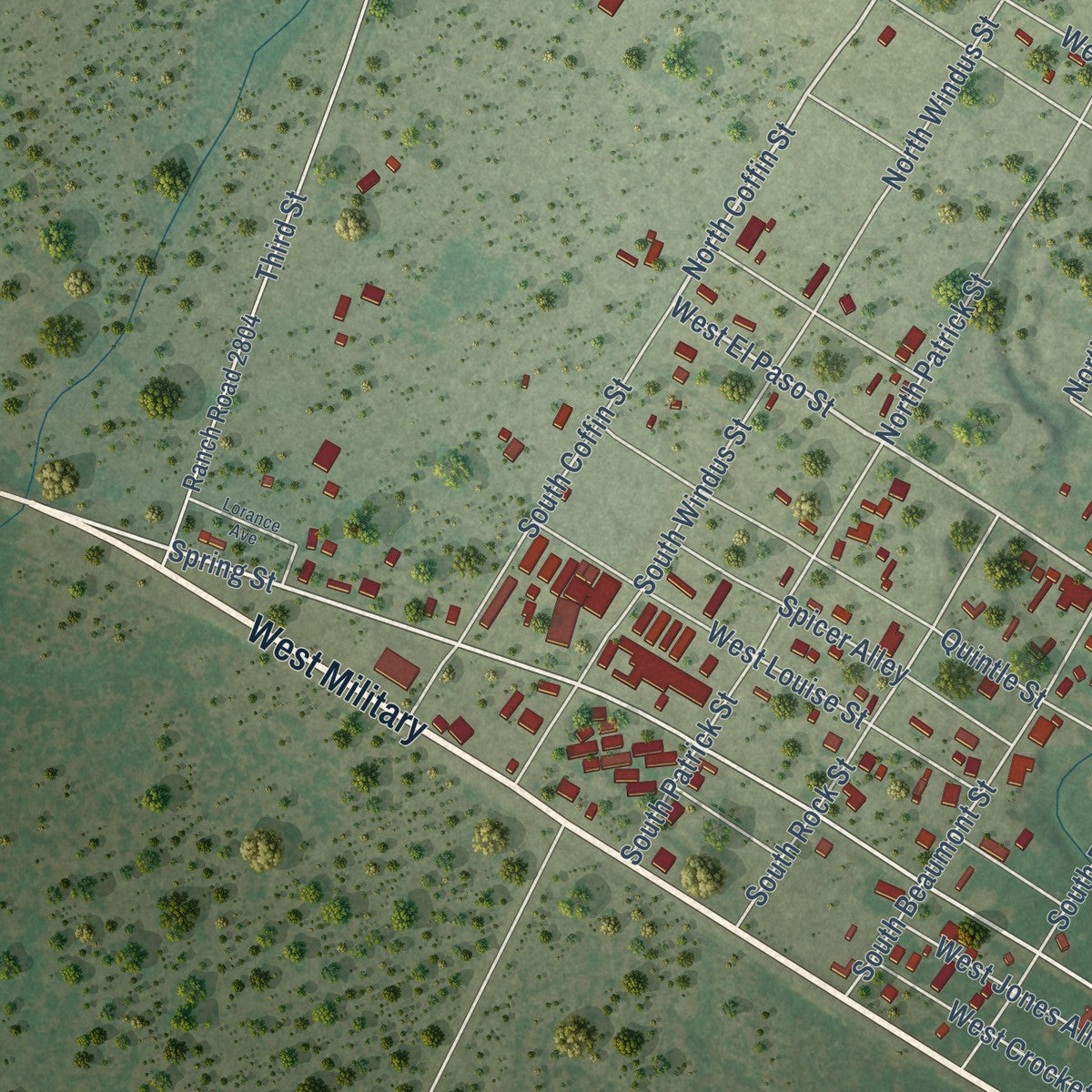 Second close-up of the map of Brackettville, Texas print showing more streets and buildings