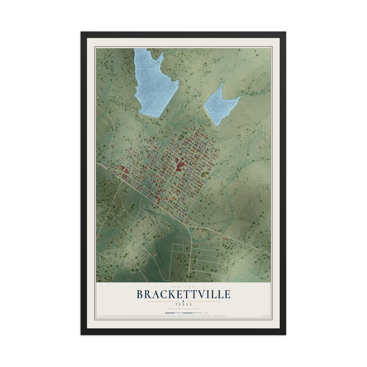 Map of Brackettville, Texas, 12 x 18 inch print in a black wood frame