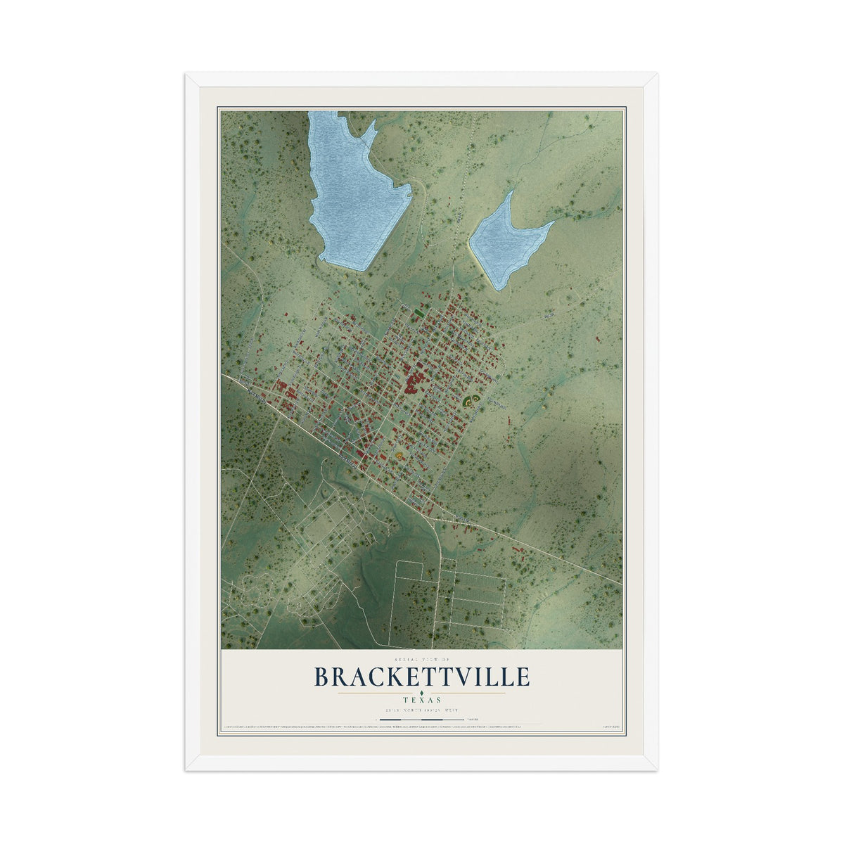 Map of Brackettville, Texas, 12 x 18 inch print in a white wood frame