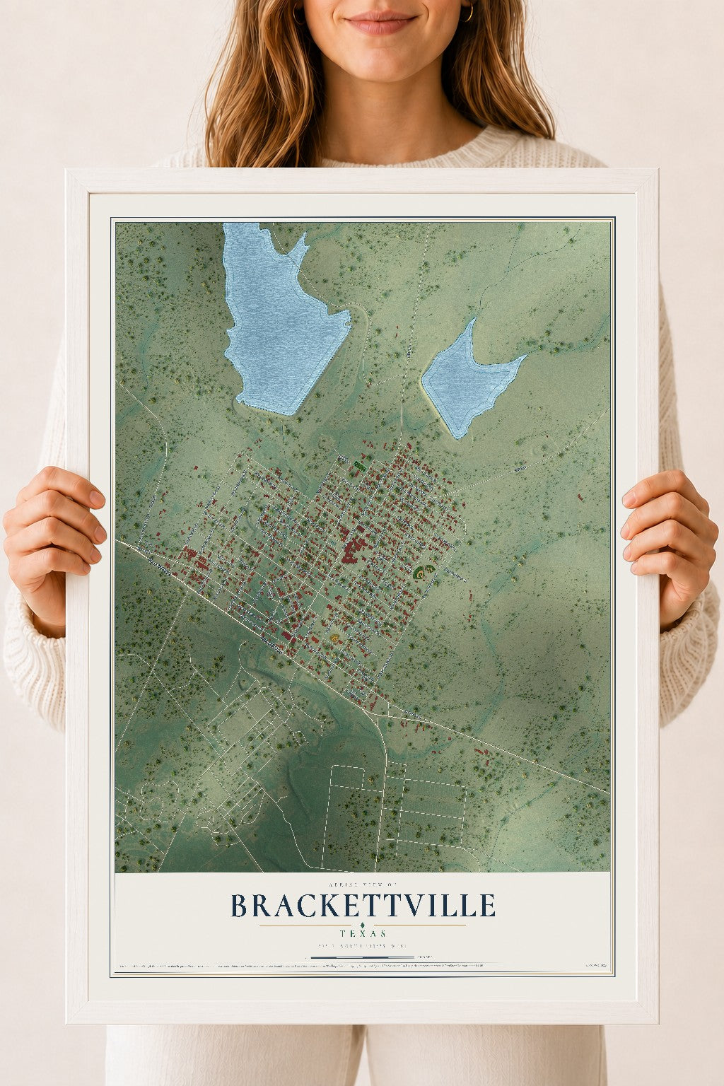 Map of Brackettville, Texas, 18 x 24 inch print in a white wood frame