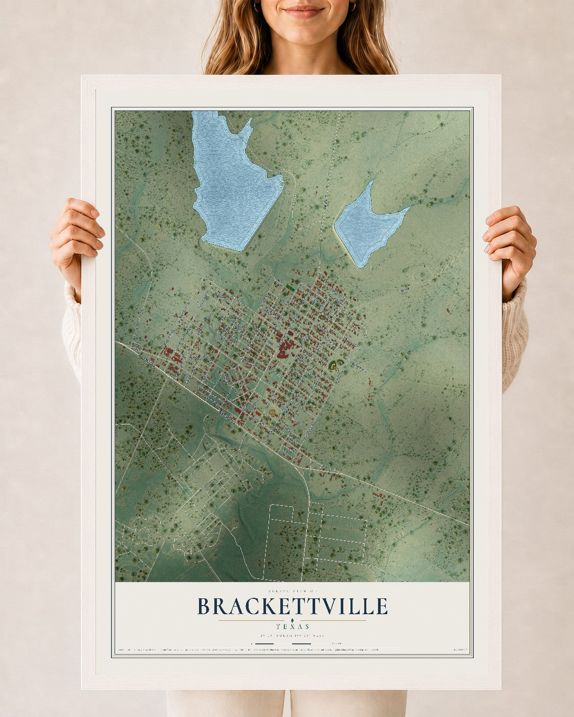 Map of Brackettville, Texas, 24 x 36 inch print in a white wood frame