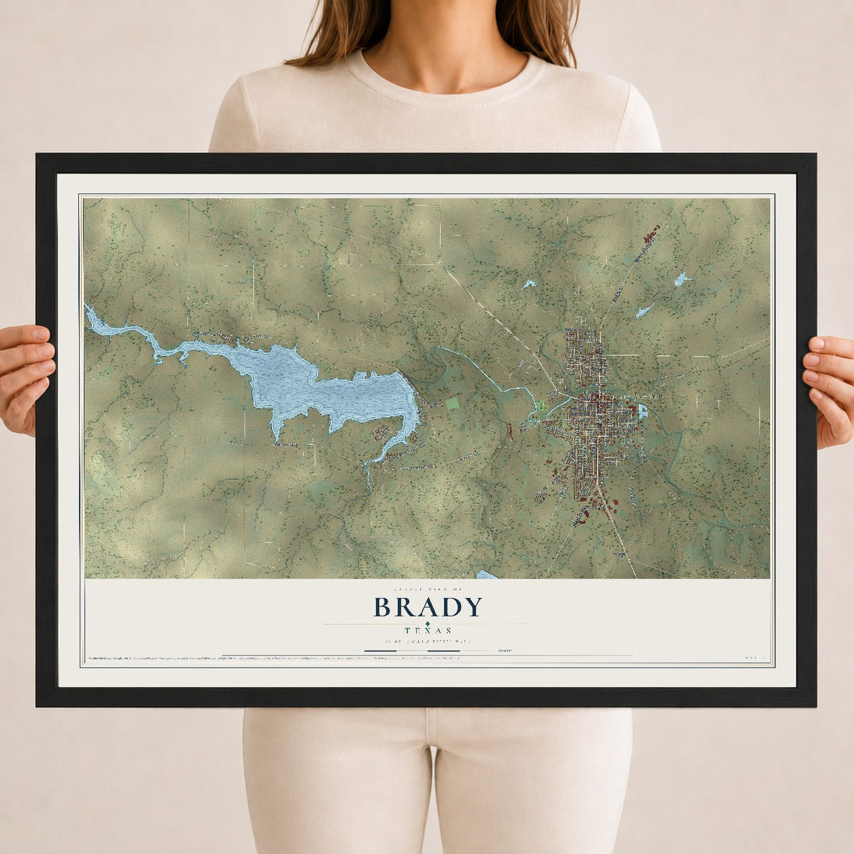 Map of Brady, Texas, 18 x 24 inch print in a black wood frame