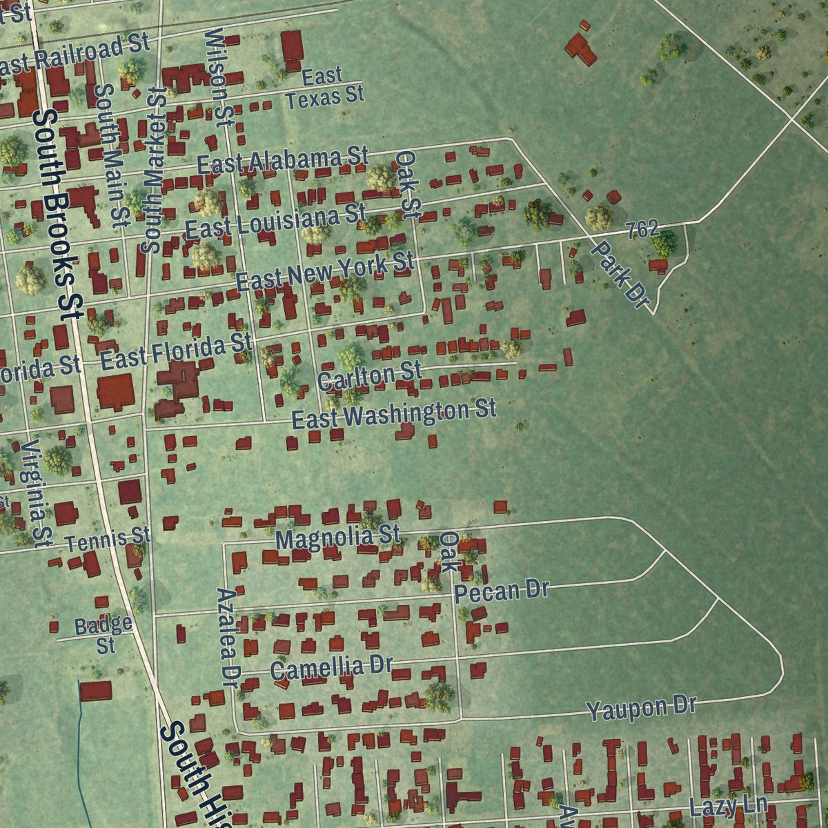 Close-up of the map of Brazoria, Texas print showing street and building detail
