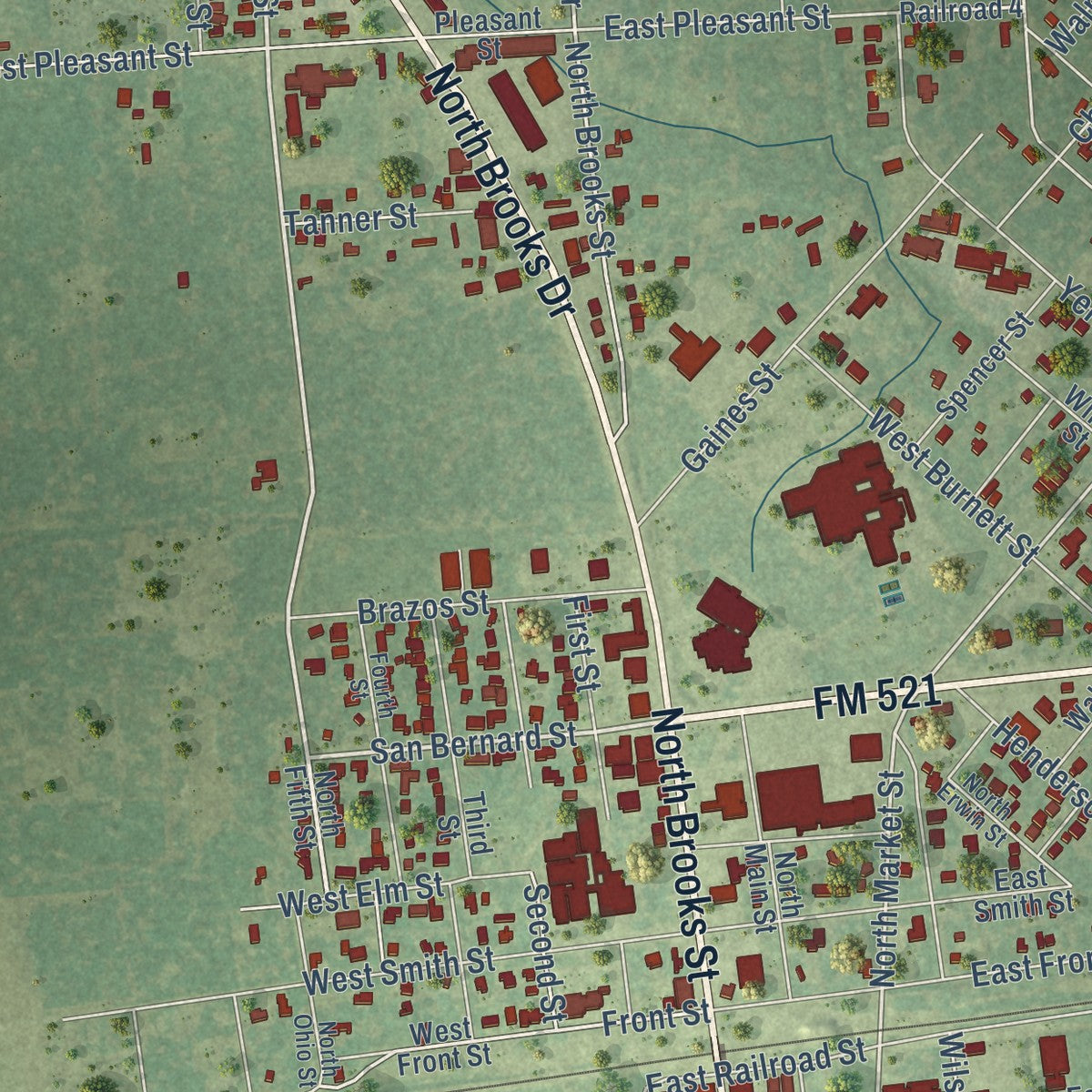 Second close-up of the map of Brazoria, Texas print showing more streets and buildings