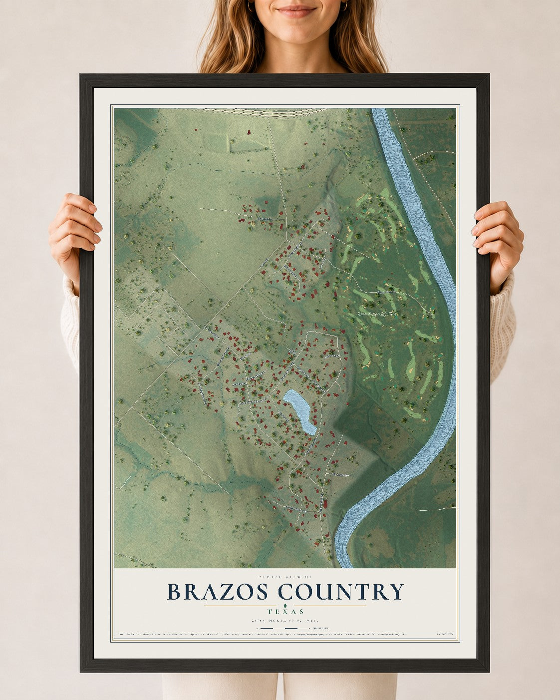 Map of Brazos Country, Texas, 24 x 36 inch print in a black wood frame