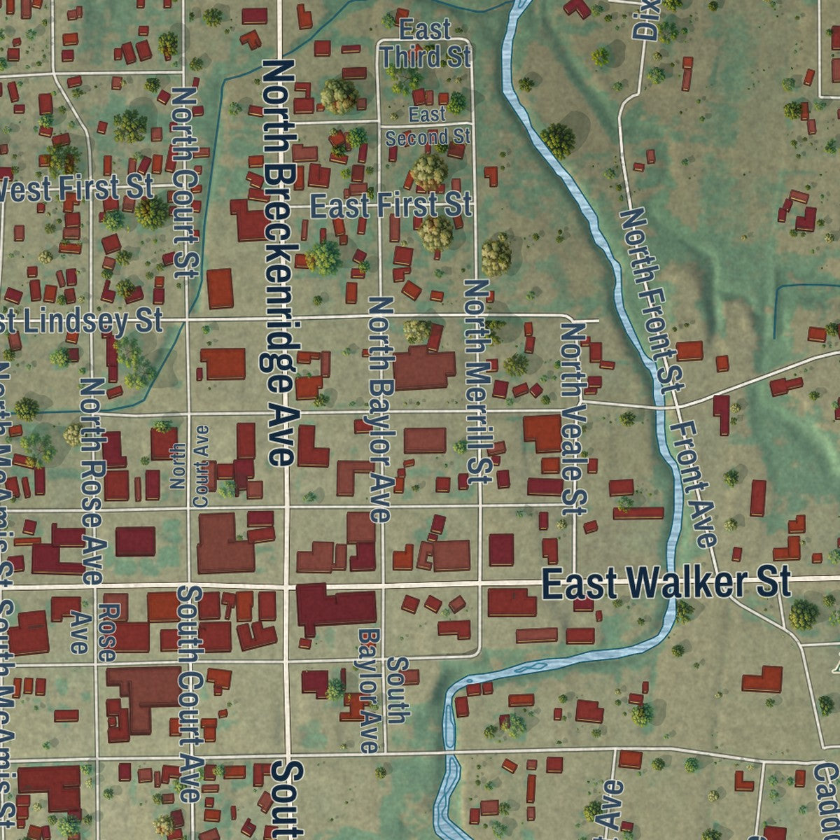 Second close-up of the map of Breckenridge, Texas print showing more streets and buildings
