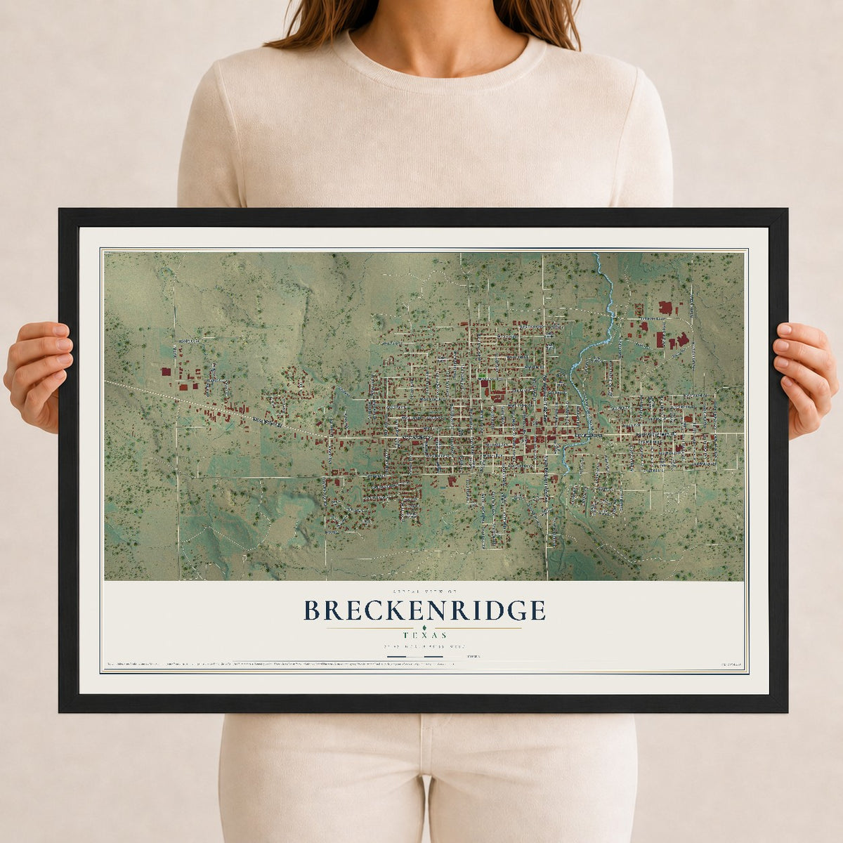 Map of Breckenridge, Texas, 12 x 18 inch print in a black wood frame