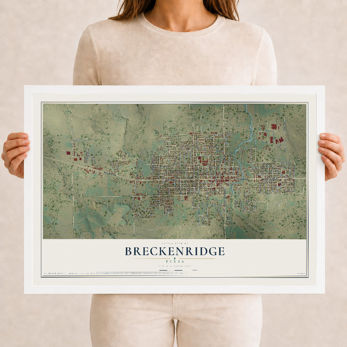 Map of Breckenridge, Texas, 12 x 18 inch print in a white wood frame