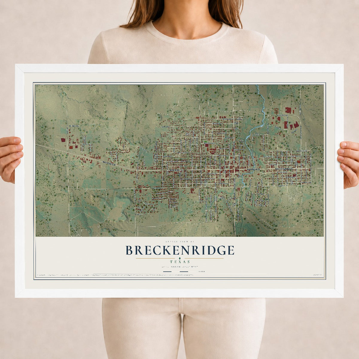 Map of Breckenridge, Texas, 18 x 24 inch print in a white wood frame