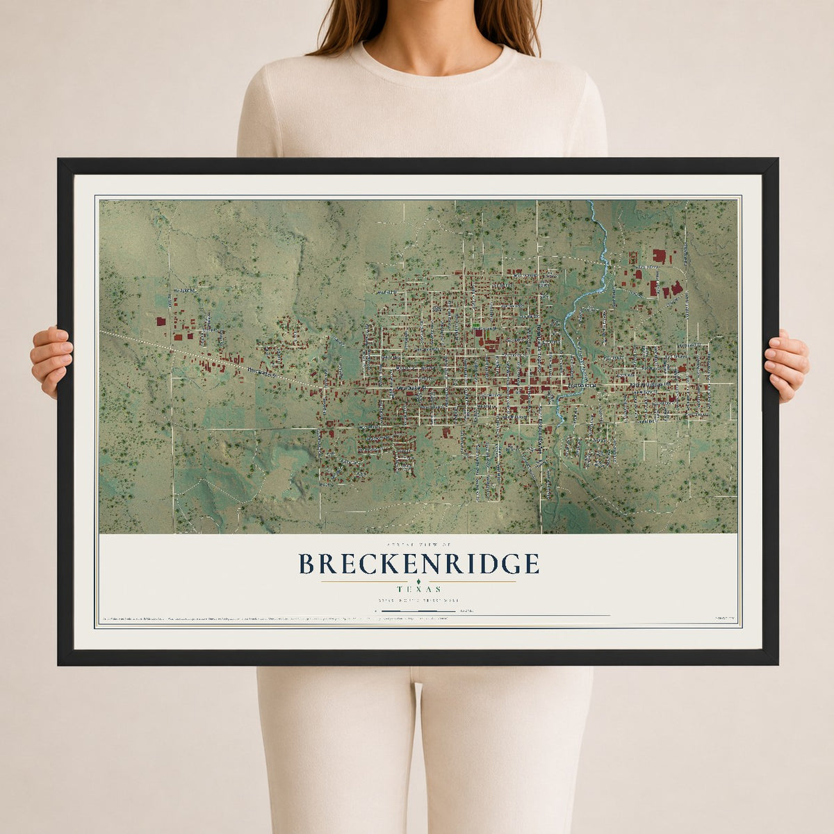 Map of Breckenridge, Texas, 24 x 36 inch print in a black wood frame