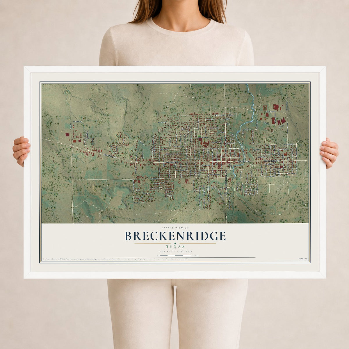Map of Breckenridge, Texas, 24 x 36 inch print in a white wood frame