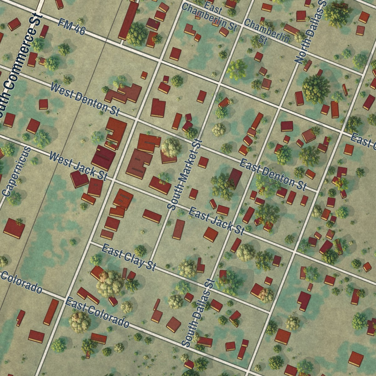 Close-up of the map of Bremond, Texas print showing street and building detail