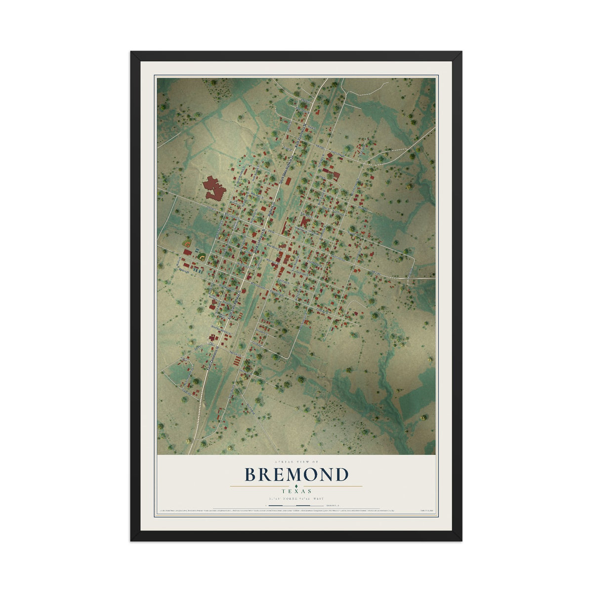 Map of Bremond, Texas, 12 x 18 inch print in a black wood frame