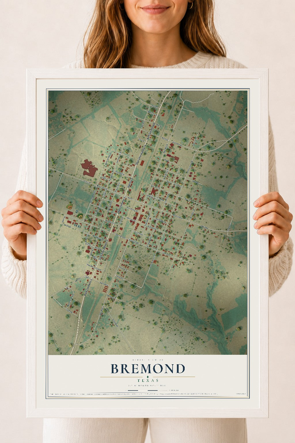 Map of Bremond, Texas, 18 x 24 inch print in a white wood frame