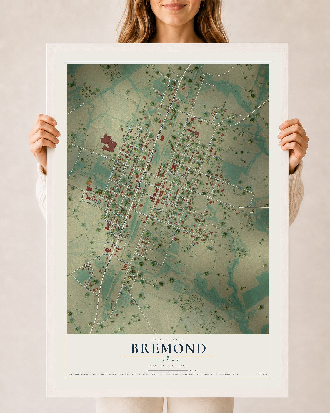 Map of Bremond, Texas, 24 x 36 inch print in a white wood frame