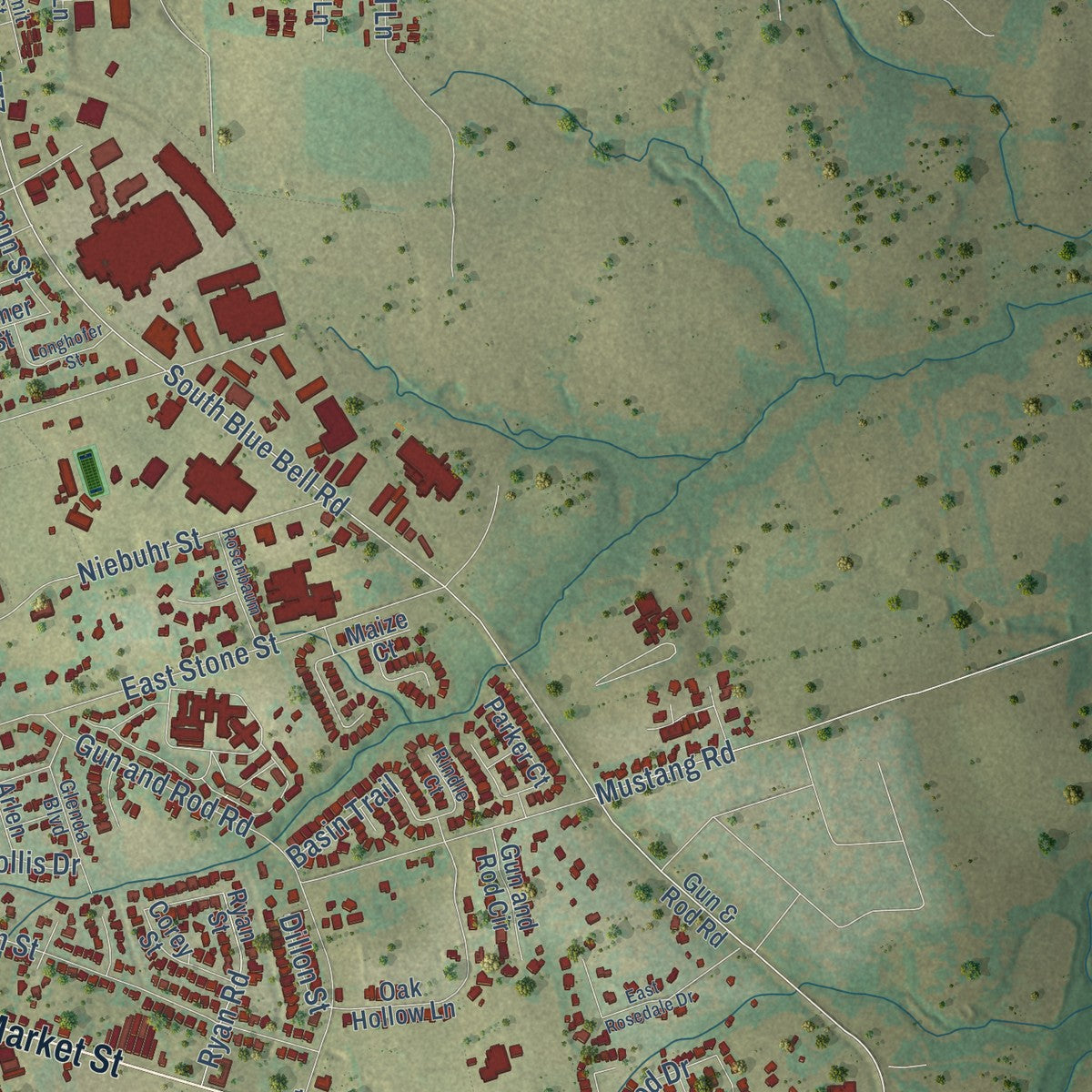 Second close-up of the map of Brenham, Texas print showing more streets and buildings