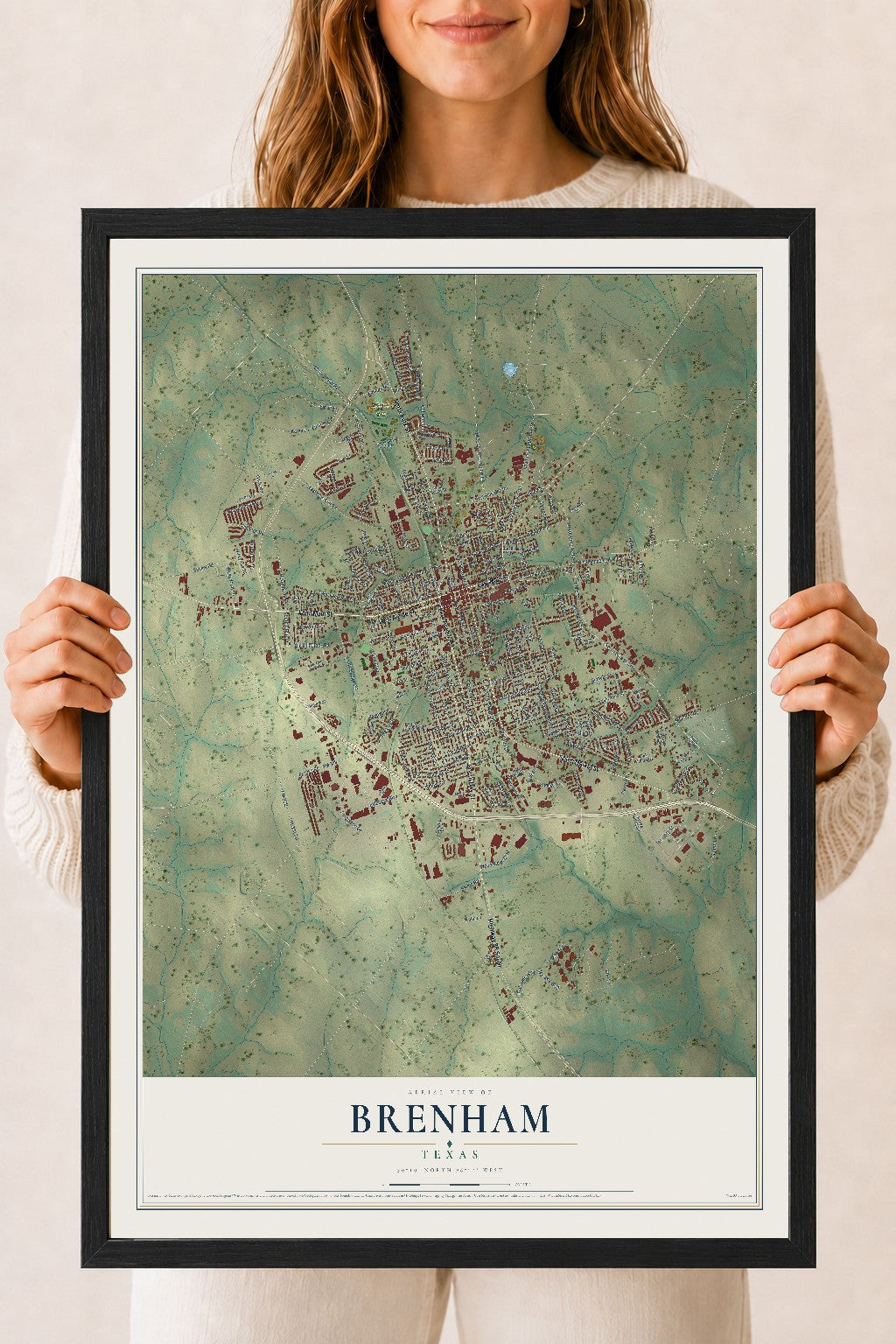 Map of Brenham, Texas, 18 x 24 inch print in a black wood frame