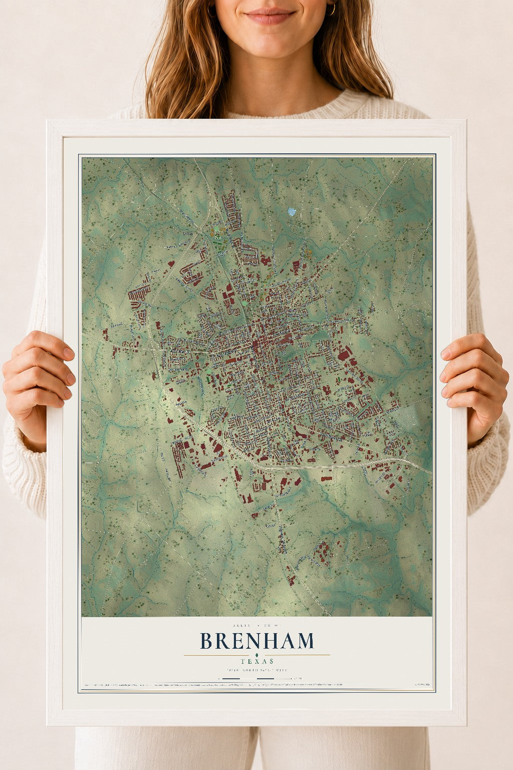 Map of Brenham, Texas, 18 x 24 inch print in a white wood frame