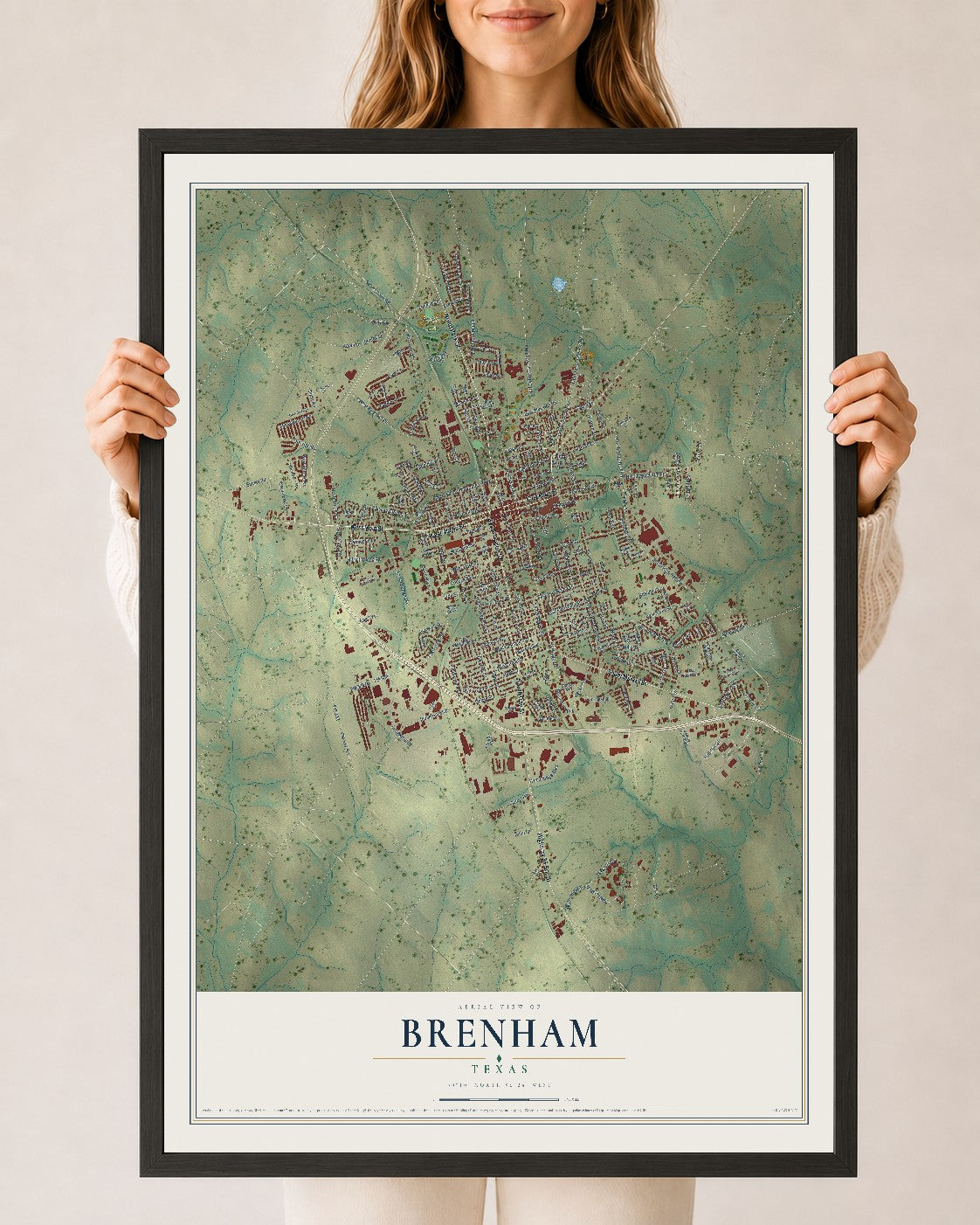 Map of Brenham, Texas, 24 x 36 inch print in a black wood frame