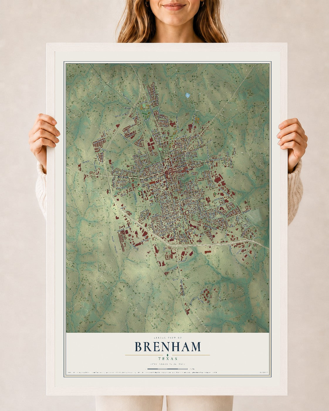 Map of Brenham, Texas, 24 x 36 inch print in a white wood frame