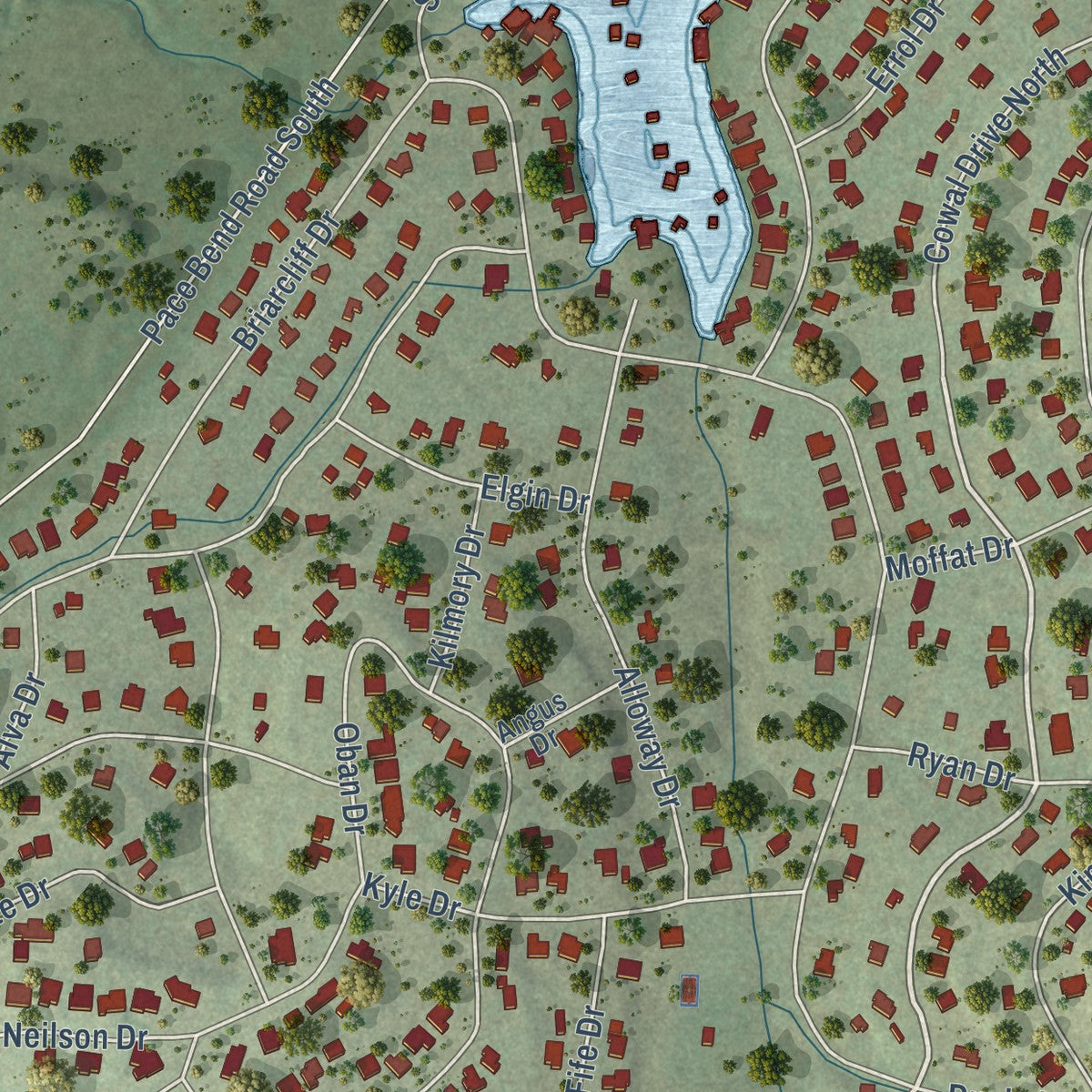 Close-up of the map of Briarcliff, Texas print showing street and building detail