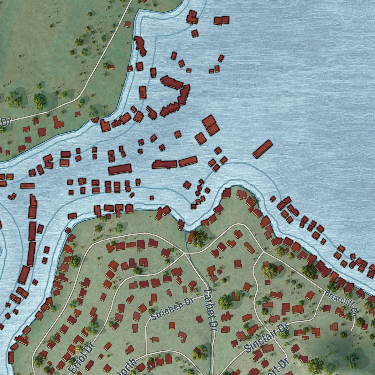 Second close-up of the map of Briarcliff, Texas print showing more streets and buildings