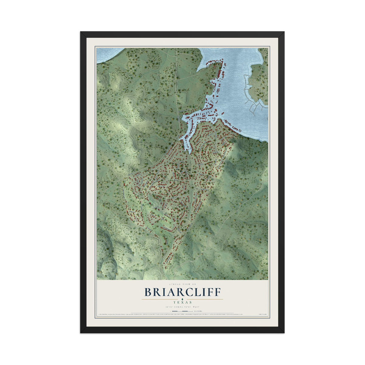 Map of Briarcliff, Texas, 12 x 18 inch print in a black wood frame