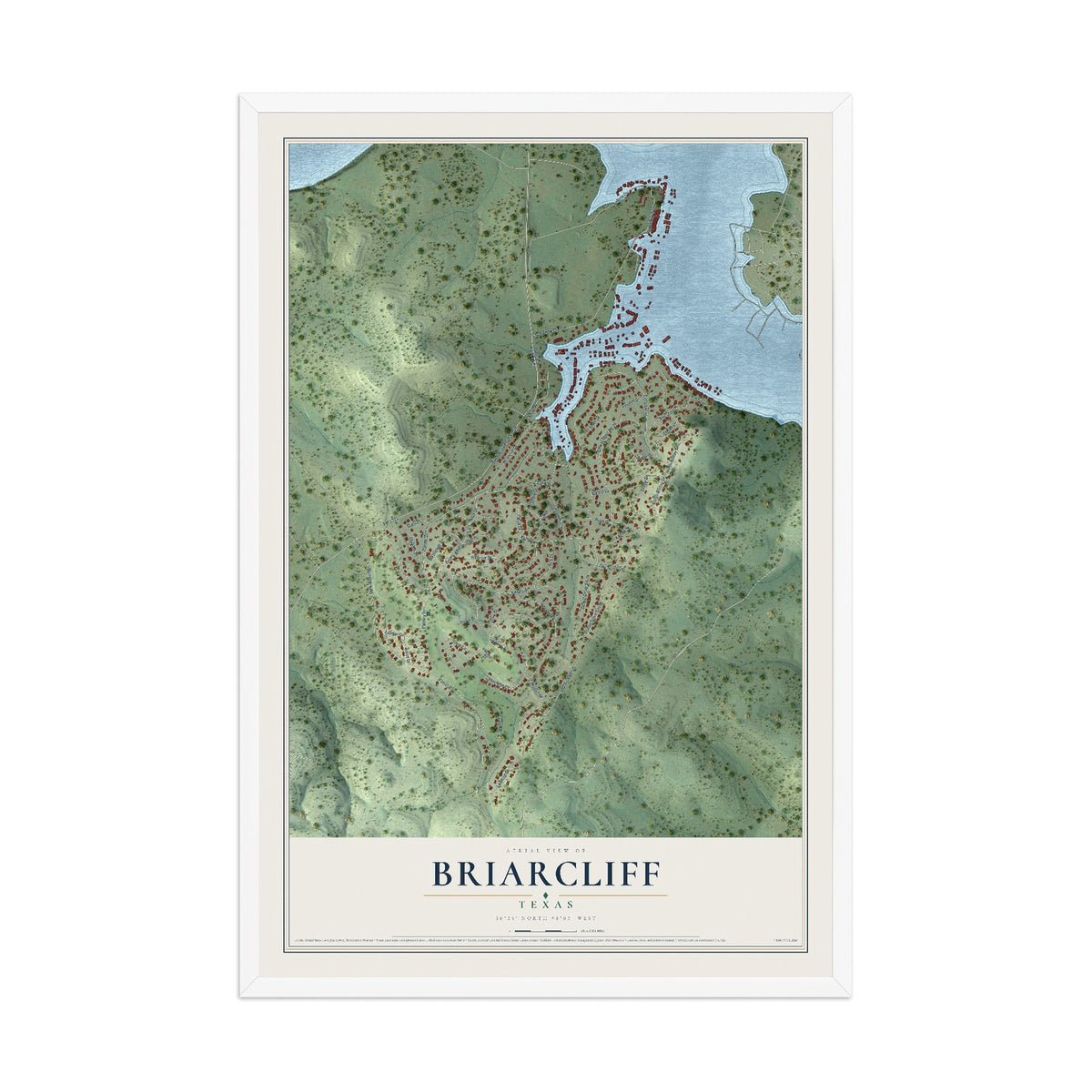 Map of Briarcliff, Texas, 12 x 18 inch print in a white wood frame