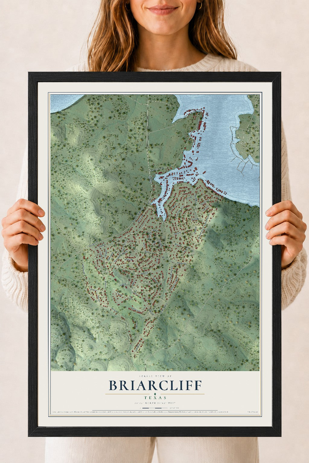 Map of Briarcliff, Texas, 18 x 24 inch print in a black wood frame