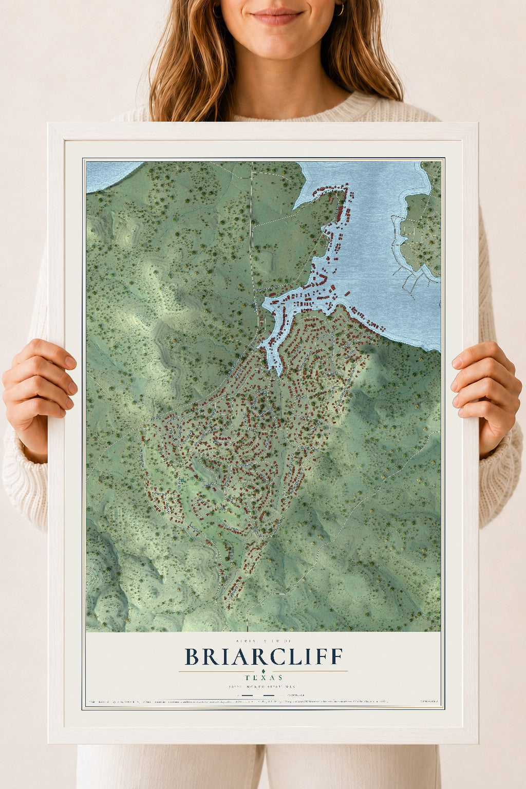 Map of Briarcliff, Texas, 18 x 24 inch print in a white wood frame