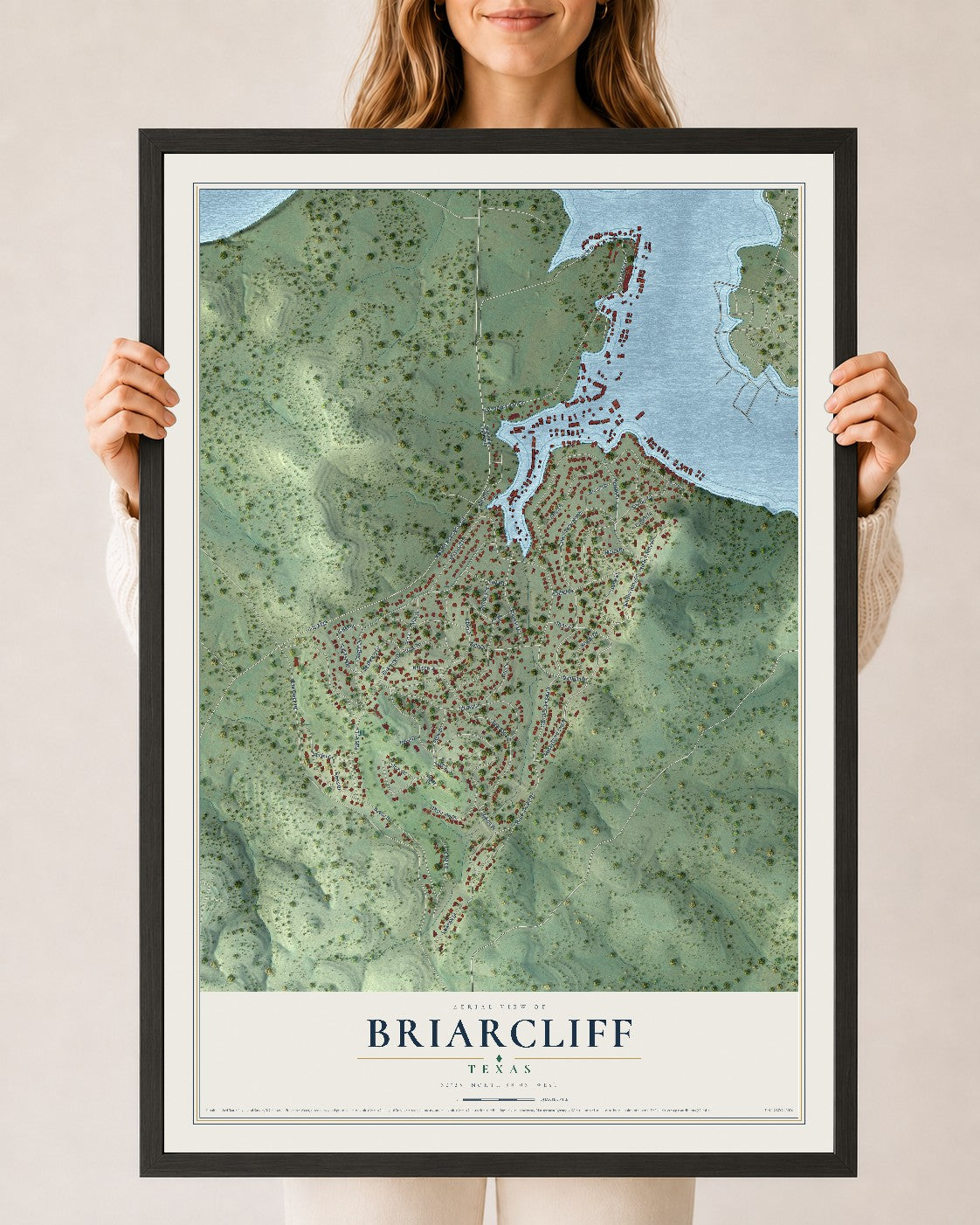 Map of Briarcliff, Texas, 24 x 36 inch print in a black wood frame