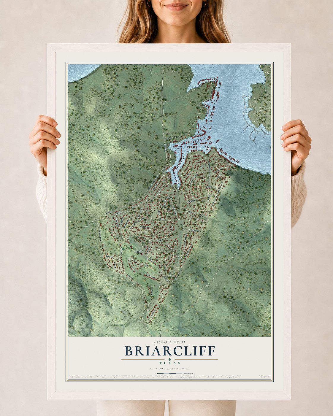 Map of Briarcliff, Texas, 24 x 36 inch print in a white wood frame