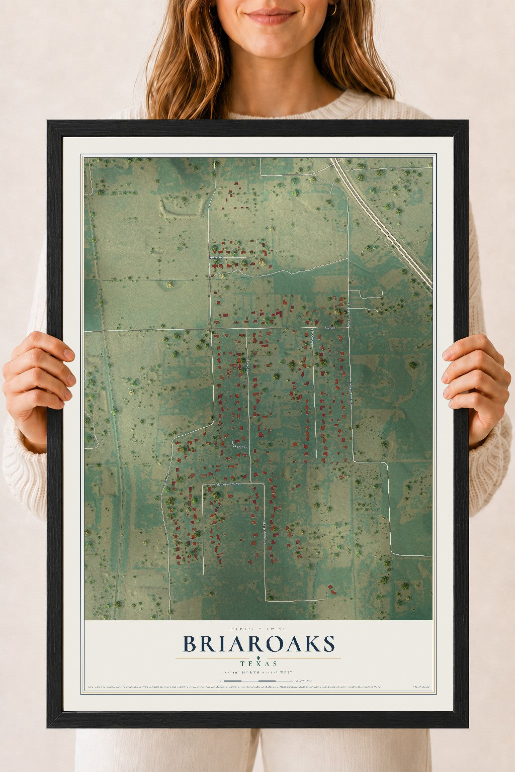 Map of Briaroaks, Texas, 18 x 24 inch print in a black wood frame