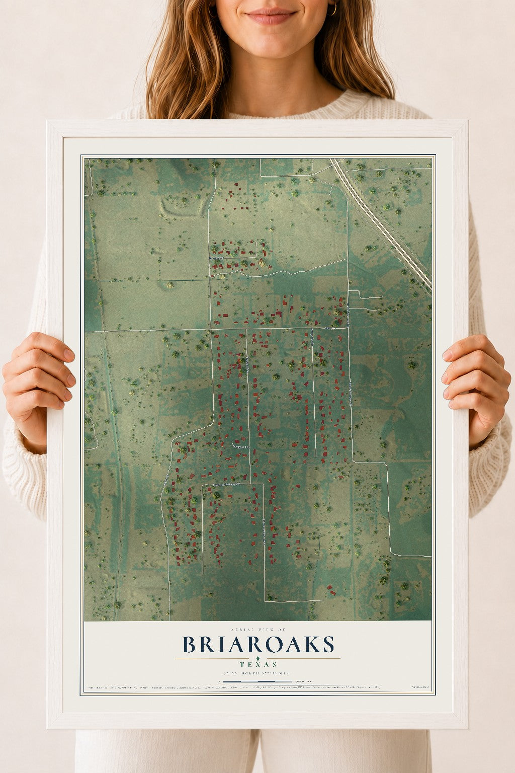 Map of Briaroaks, Texas, 18 x 24 inch print in a white wood frame