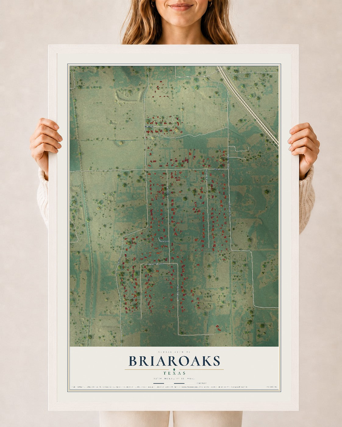 Map of Briaroaks, Texas, 24 x 36 inch print in a white wood frame