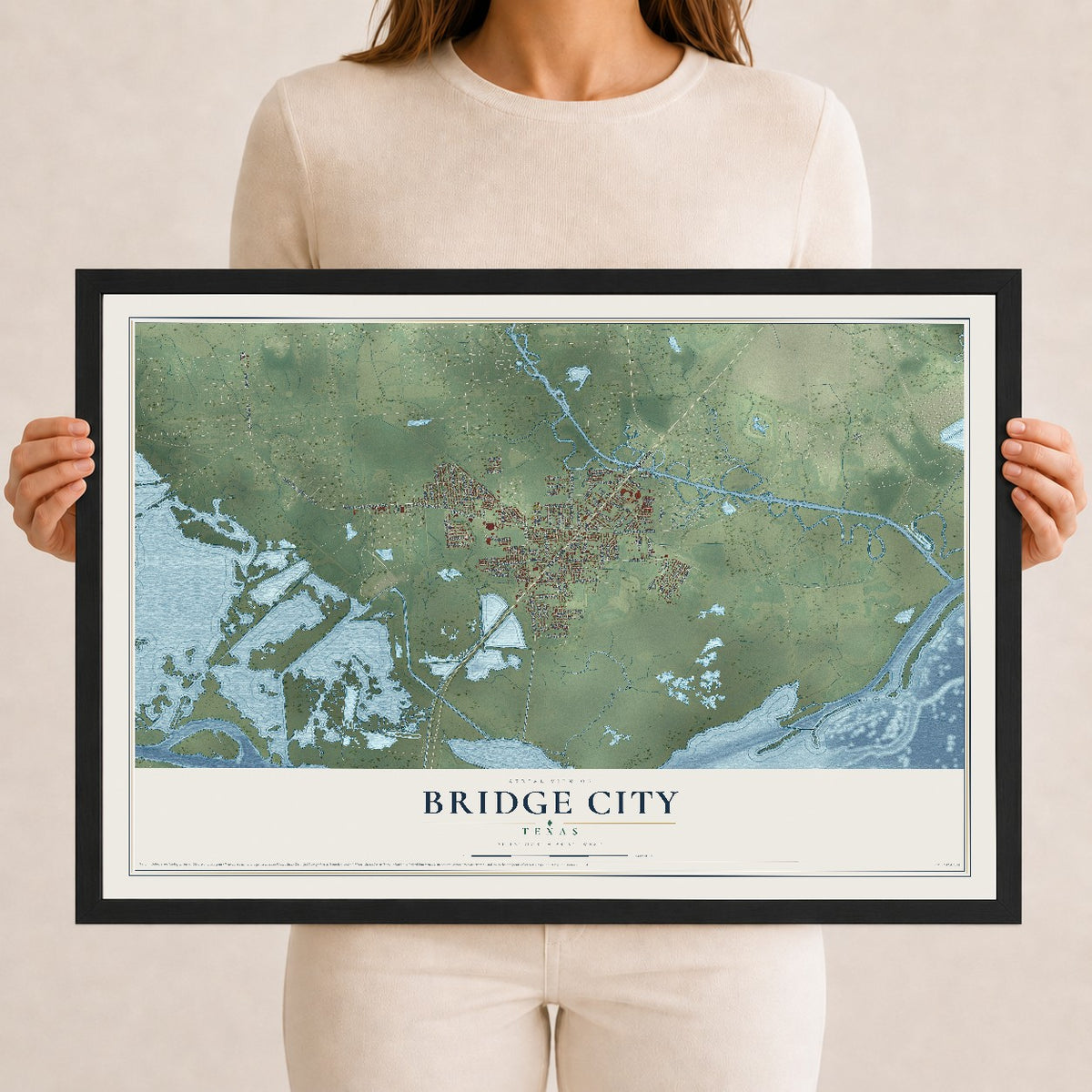 Map of Bridge City, Texas, 12 x 18 inch print in a black wood frame