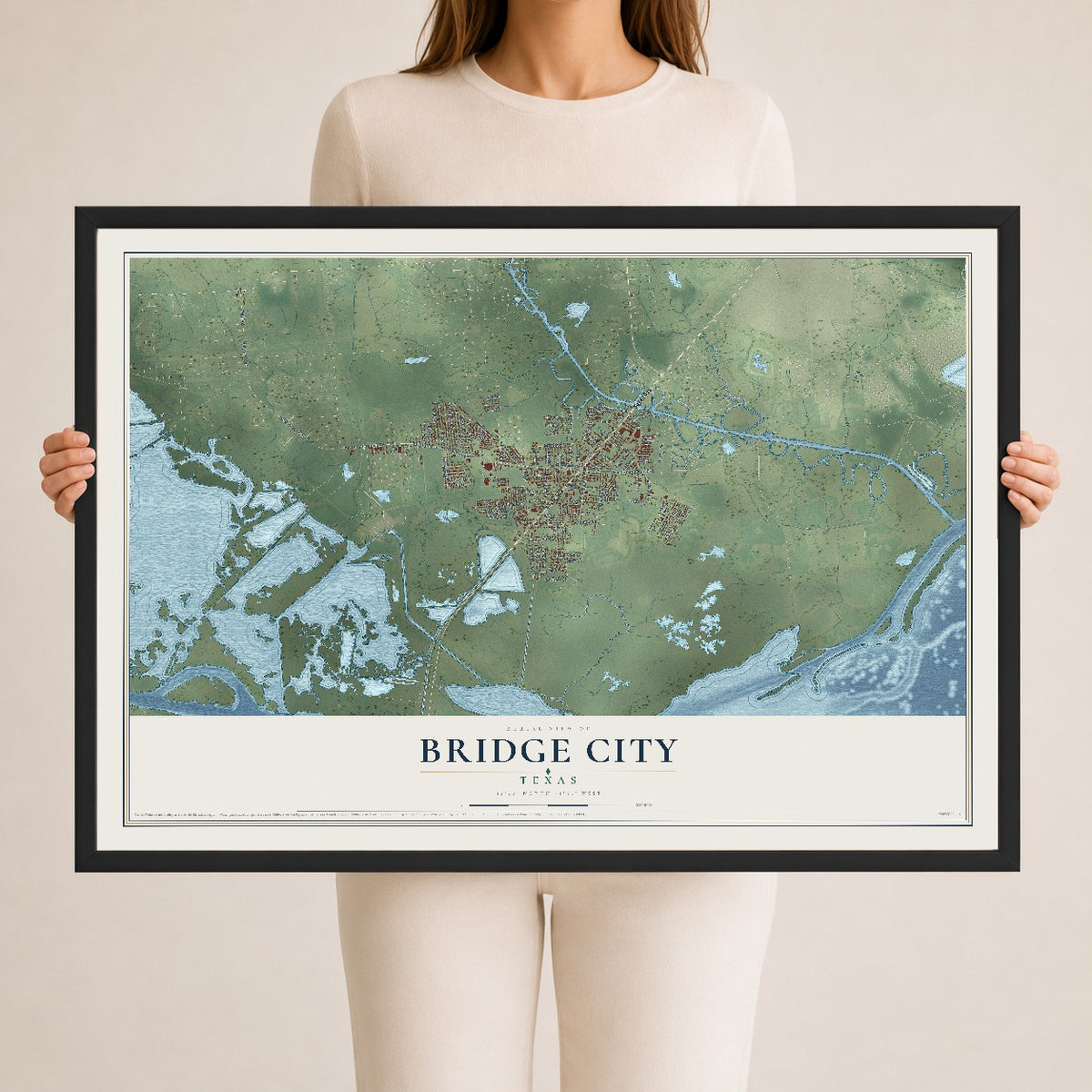 Map of Bridge City, Texas, 24 x 36 inch print in a black wood frame
