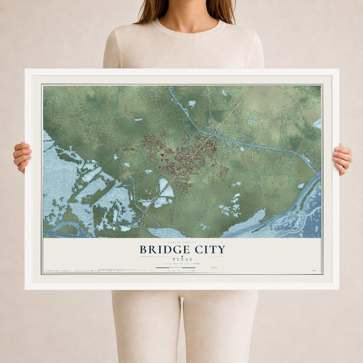 Map of Bridge City, Texas, 24 x 36 inch print in a white wood frame