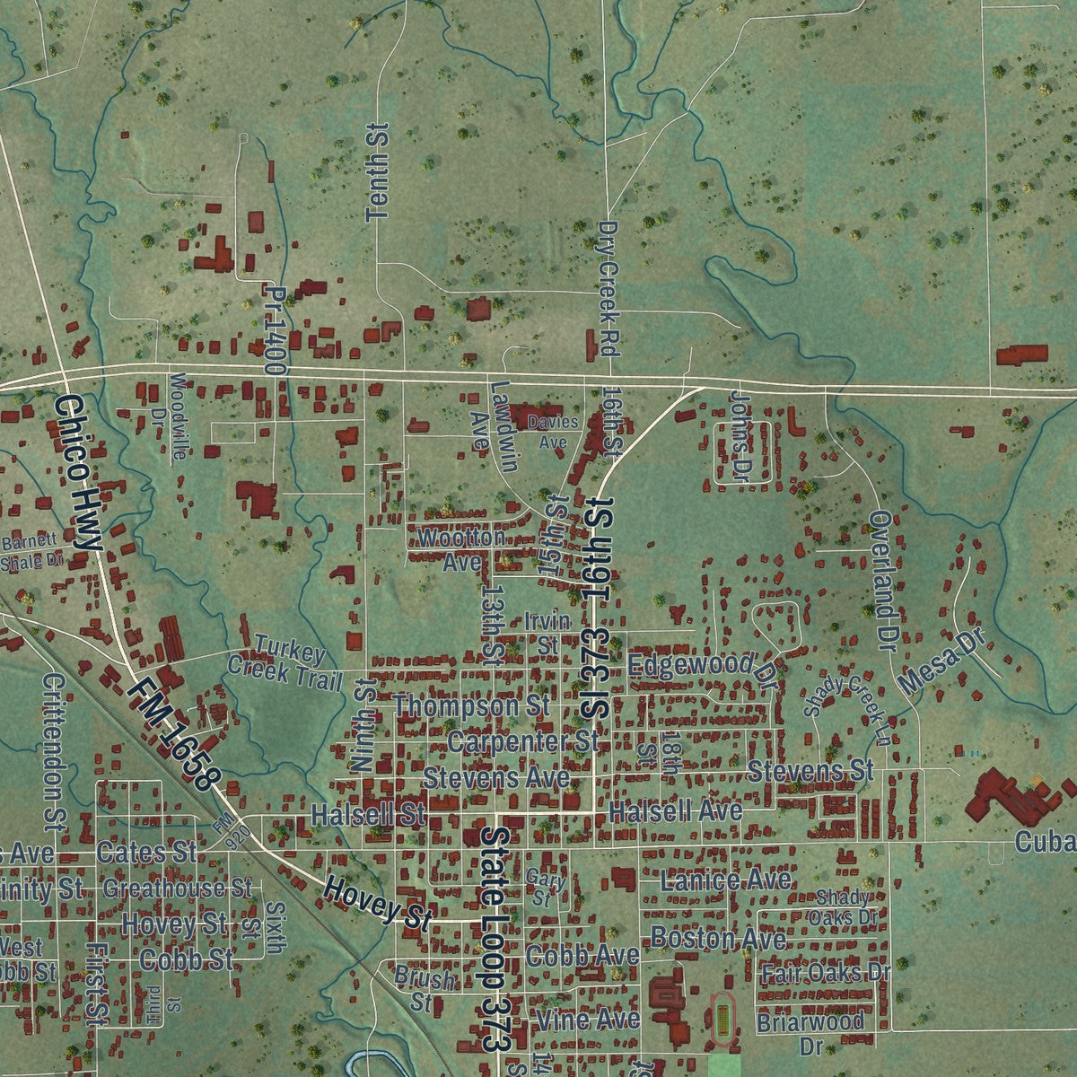 Close-up of the map of Bridgeport, Texas print showing street and building detail
