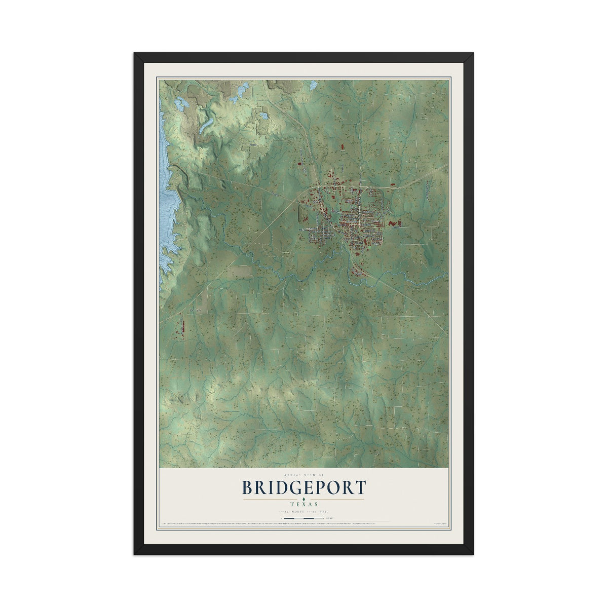 Map of Bridgeport, Texas, 12 x 18 inch print in a black wood frame
