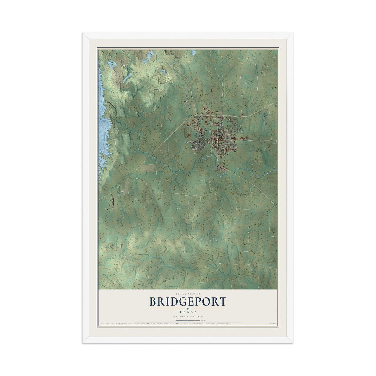 Map of Bridgeport, Texas, 12 x 18 inch print in a white wood frame