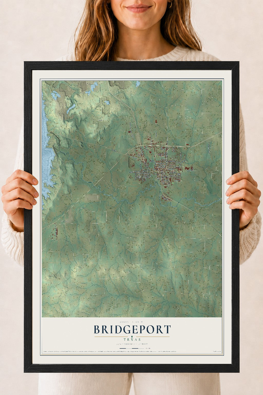 Map of Bridgeport, Texas, 18 x 24 inch print in a black wood frame
