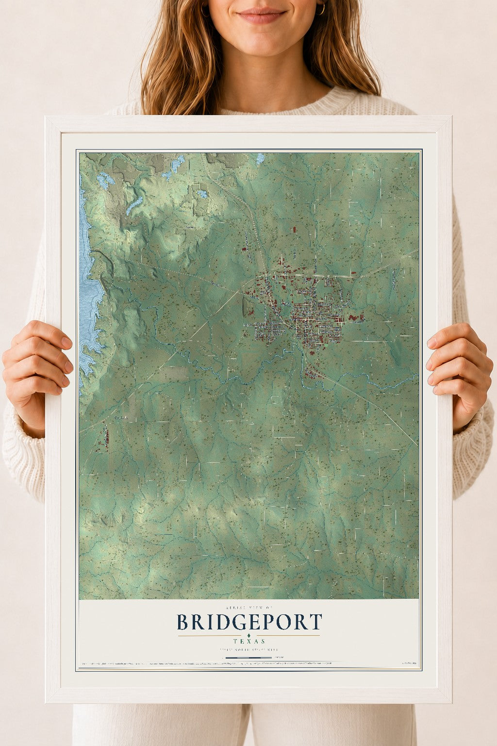 Map of Bridgeport, Texas, 18 x 24 inch print in a white wood frame