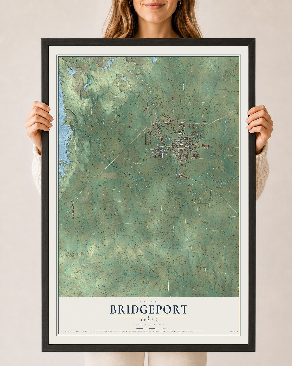 Map of Bridgeport, Texas, 24 x 36 inch print in a black wood frame