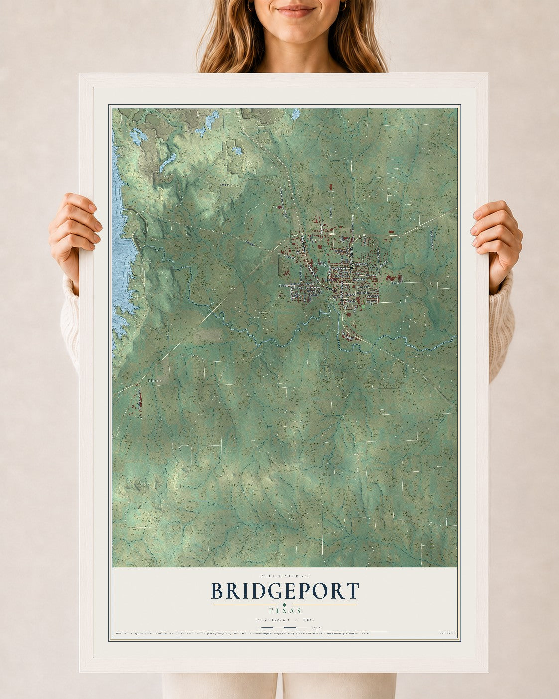 Map of Bridgeport, Texas, 24 x 36 inch print in a white wood frame
