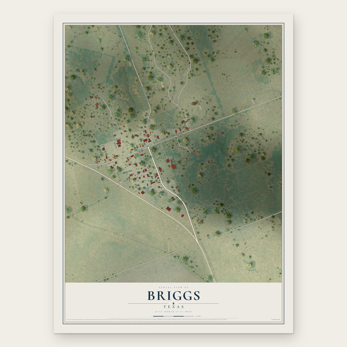 Briggs, Texas map print, the full design