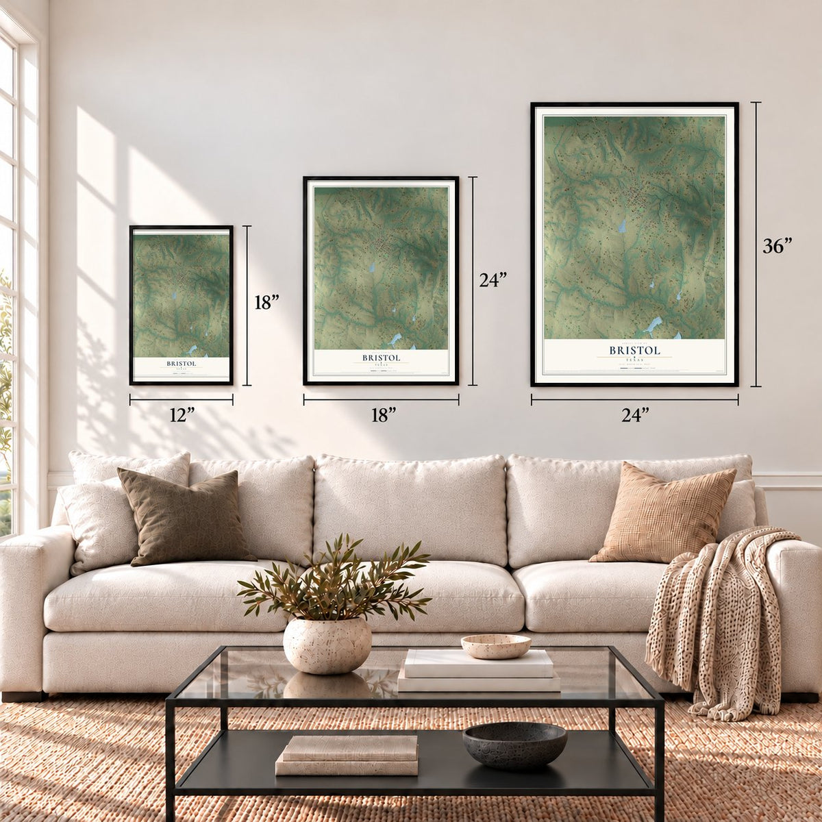 Bristol, Texas map in 12 x 18, 18 x 24 and 24 x 36 inch sizes above a sofa