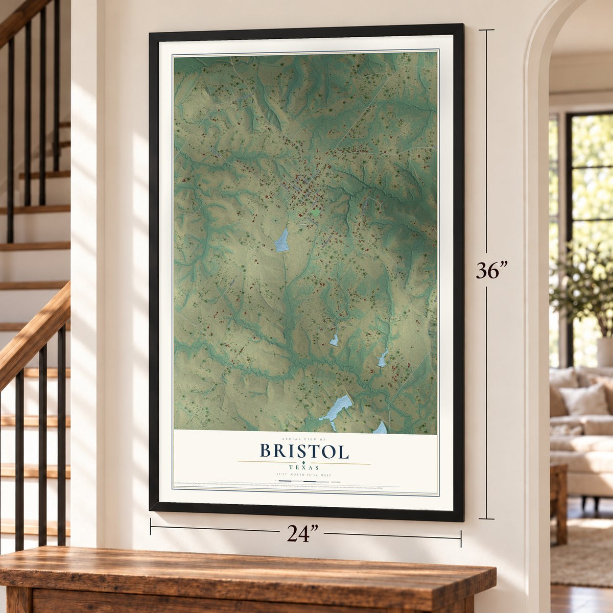 Bristol, Texas map, 24 x 36 inch print in a black frame by a staircase