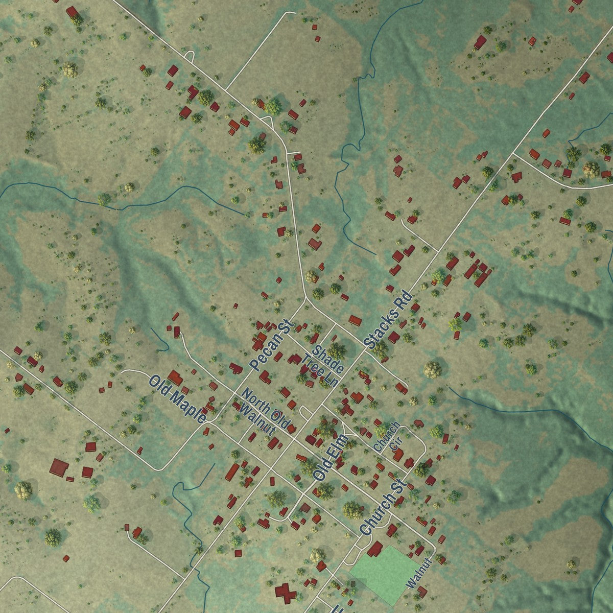 Close-up of the map of Bristol, Texas print showing street and building detail